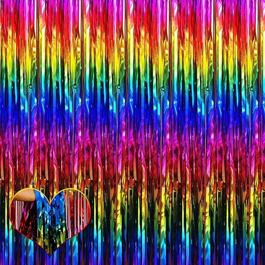 4 Pack Rainbow Fringe Curtain Backdrop, 3.2Ft x 9.8Ft Colorful Metallic Tinsel Foil Fringe Streamers for Photo Booth Birthday Wedding Baby Shower Carnival Easter Mother’s Day Party Decorations