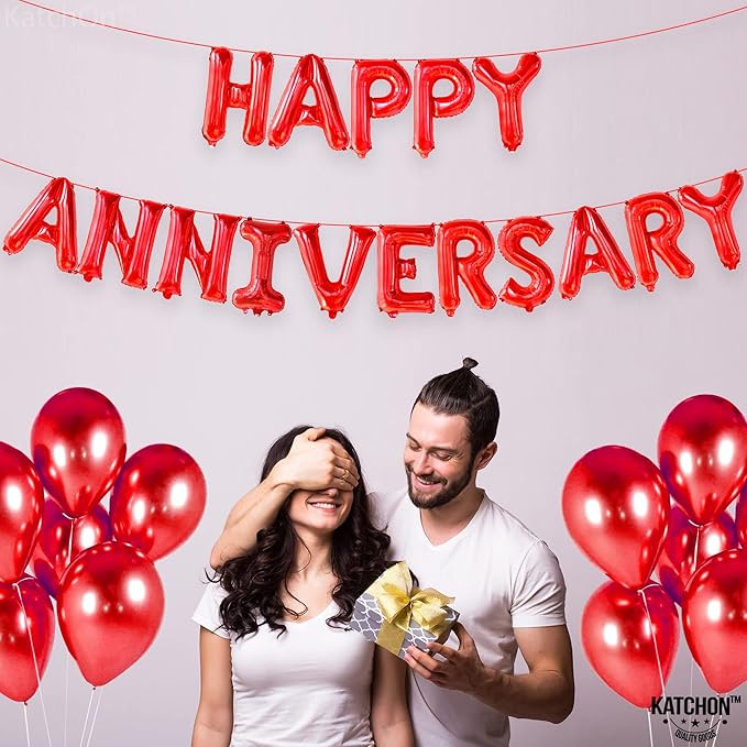 KatchOn, Red 16 Inch Happy Anniversary Balloons | 16 Piece Letter Balloons | Red Anniversary Banner & Backdrop | Self Sealing, Reusable | Ages & Couples