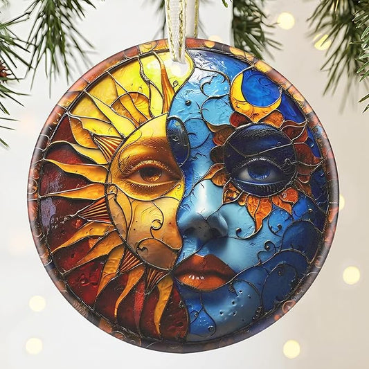 Sun and Moon Ceramic Christmas Ornament, 3.5 Inch Hanging Decor for Christmas Tree, Gift for Holiday Present Exchange
