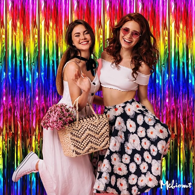 4 Pack Rainbow Fringe Curtain Backdrop, 3.2Ft x 9.8Ft Colorful Metallic Tinsel Foil Fringe Streamers for Photo Booth Birthday Wedding Baby Shower Carnival Easter Mother’s Day Party Decorations
