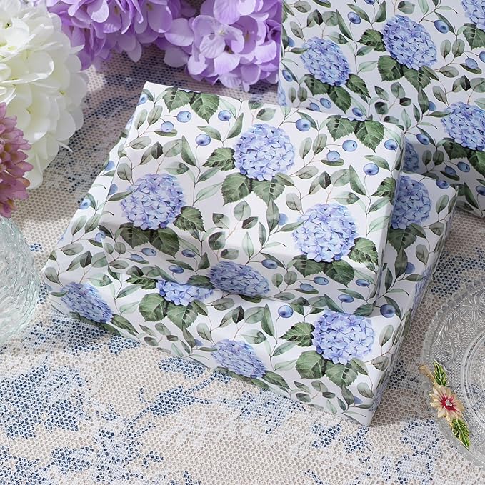 ZINTBIAL Hydrangea Floral Wrapping Paper Roll - Blue Watercolor Floral Design, 17 Inches x 16.5 Feet, Gift Wrap for Wedding, Bridal Shower, Birthday, Mother's Day, Cut Lines on Back