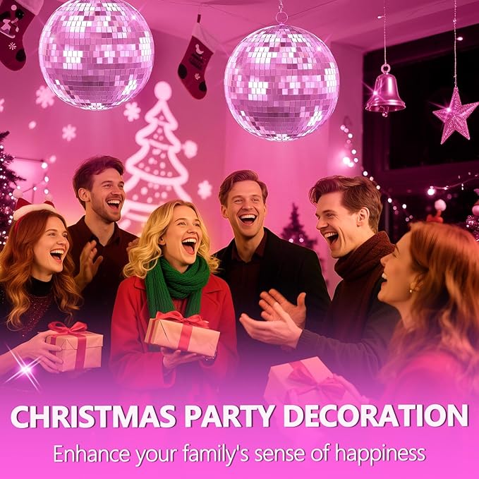 12"/16"/20" Mirror Disco Ball with Hanging Ring, for DJ Club, Party,Live Stage for Easy Installation, Disco Ball Mirror Balls Light Effect Mirrors Balls with Hanging Ring(Golden, Pink) 20Inch Pink