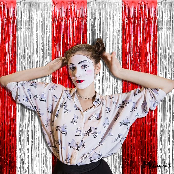 4 Pack 3.2Ft x 9.8Ft Red and Silver Fringe Curtain Backdrop, Metallic Tinsel Foil Fringe Streamers Curtains Background for Photo Booth Wedding Circus Welcome Carnival Birthday Party Decorations