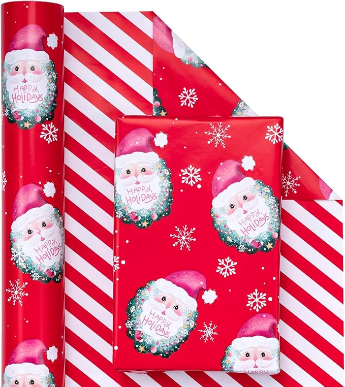 WRAPAHOLIC Reversible Christmas Wrapping Paper - Mini Roll - 17 Inch x 33 Feet - Red Santa Claus and Stripes Design for Christmas, Holiday, Party Celebration