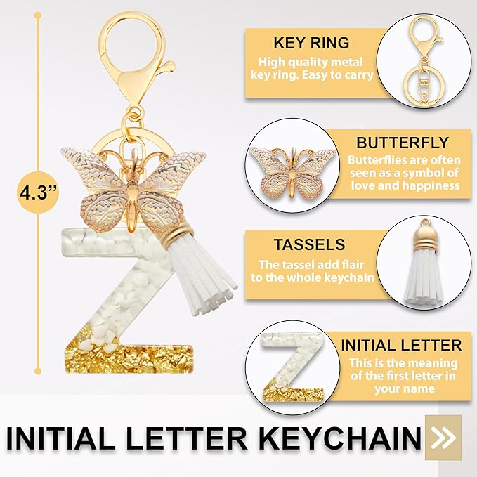 Initial Letter Keychain, Butterfly Keychain Cute Resin, Initial Keychain Backpack Charms, Key chain for Women, Girls