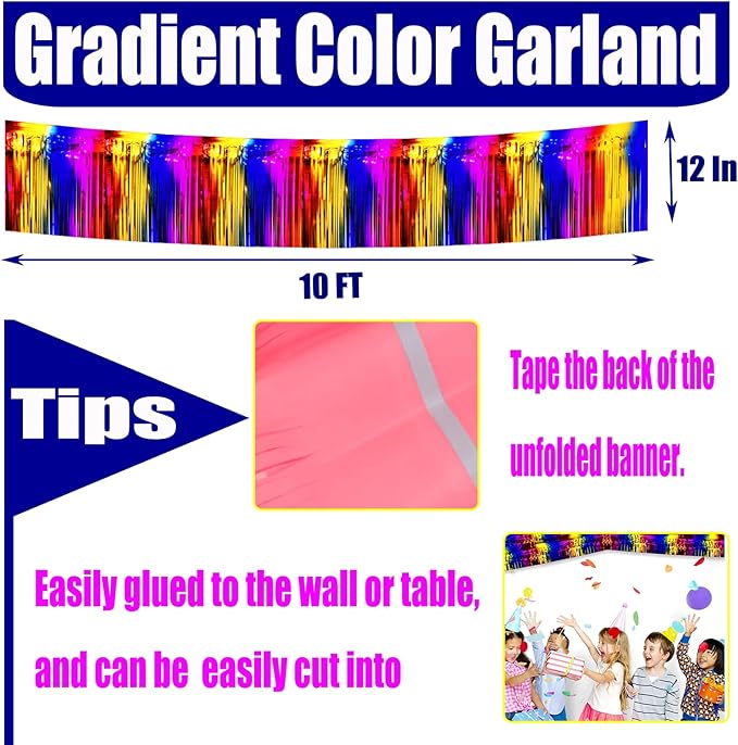 6 Pack 10 Feet Foil Fringe Garland Metallic Tinsel Streamers Banner Wall Hanging Curtain Backdrop for Parade Floats, Bachelorette, Wedding, Birthday, Halloween, Christmas Party Decorations(Rainbow)