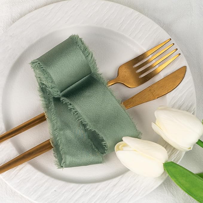 Satin Silk Ribbon, Sage Green Ribbon for Wrapping, 1-1/2 inch x 15 Yd Handmade Frayed Fringe Ribbons, for Wedding Engagement Birthday Showers Craft Flower Bouquet Invitation Decor, 3 Rolls