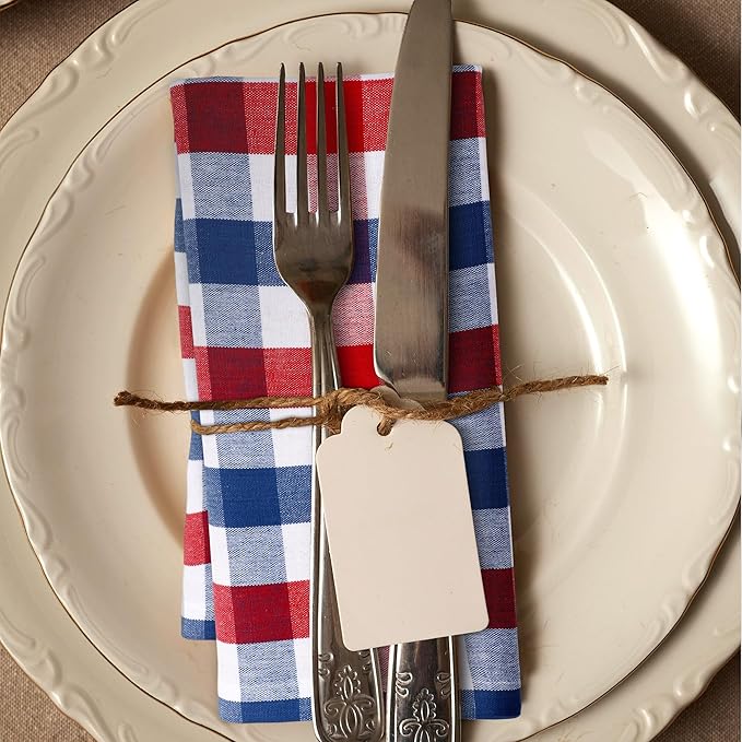 Urban Villa July 4th Cloth Napkins Red/Blue/White Dinner Napkins 100% Cotton (Set of 12) 20x20 Inches Buffalo Checks Highly Absorbent Soft Durable Reusable & Washable Table Dinner Napkins