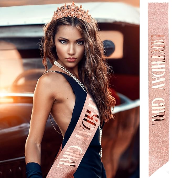 Velscrun Rose Gold Crystal Birthday Tiara Crowns for Women Girls Elegant Princess Crown with Combs Birthday Girl Headband Sash Happy Birth Party Decorations Birth Gift Hair Accessories