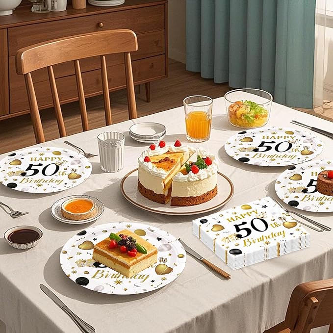 75PCS 50th Birthday Plates and Napkins Party Decorations, 7 Inch White and Gold Happy 50th Birthday Paper Dessert Cake Plates and Napkins Set Disposable Tableware Party Favors for Women Men