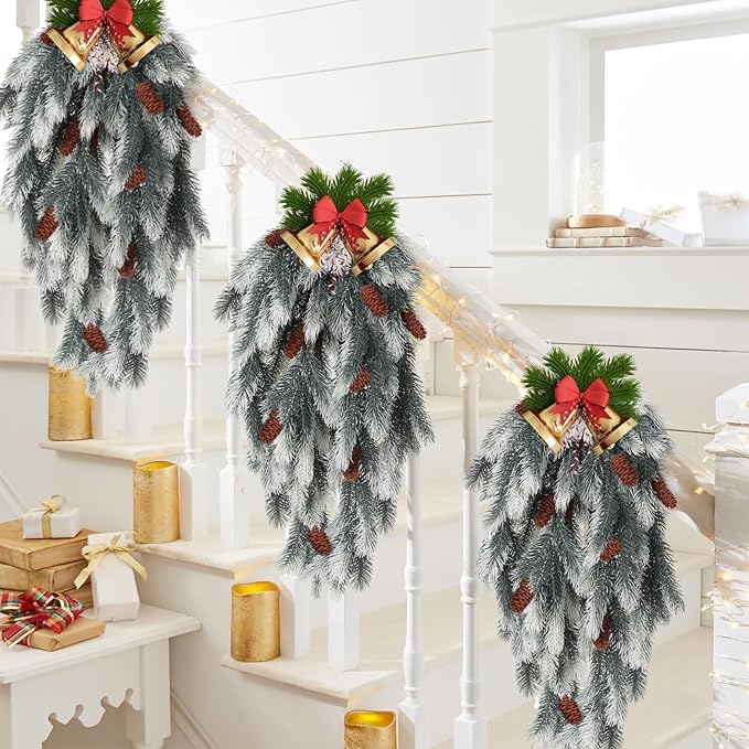 RECUTMS Hanging Artificial Greenery Artificial Pine Needle Branches Green Plant Pine Needle Accessories Faux Outdoor Plants Hanging Teardrop Christmas swags for Christmas Home Decoration(White)