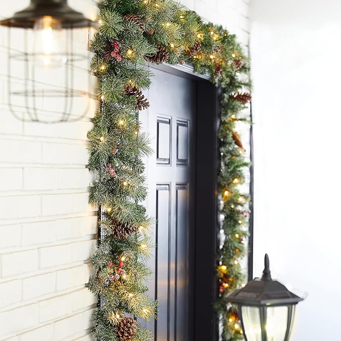 Glitzhome 9ft Prelit Christmas Garland, Glittered Greenery Garland Artificial Pine Garland with Pine Cones Berries, Christmas Garland with Lights and Timer for Mantle, Fireplace, Stairs Decorations