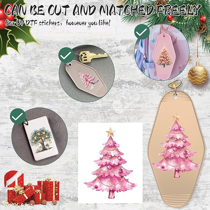 UV DTF Keychain Sticker,48 Sheets Colorful Christmas Tree Waterproof and Scratch Resistant Vinyl Sticker Suitable for School Themes, Hotel Keychain