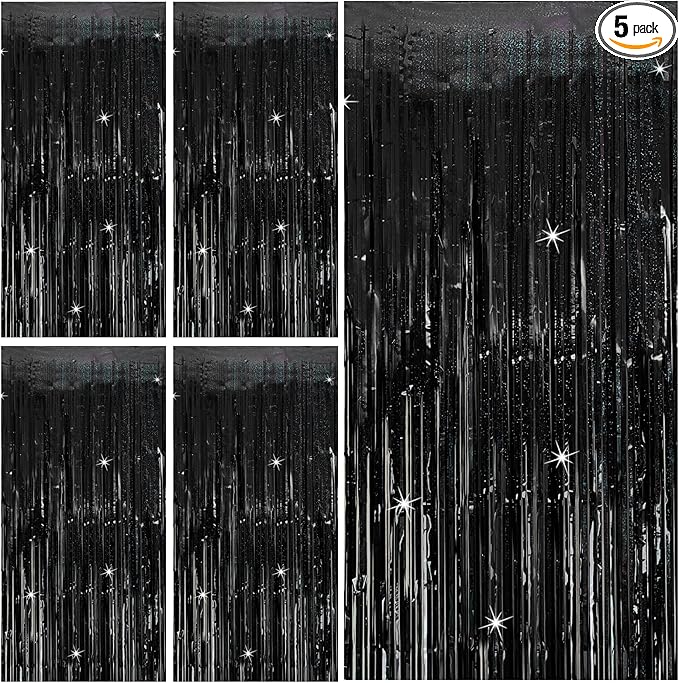 Tinsel Curtain Party Backdrop Black Birthday Decorations 5 Packs Glitter Foil Fringe Curtain Party Decor Streamers Photo Booth for Birthday Christmas Wedding Halloween Graduation Decorations