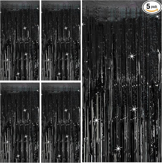 Tinsel Curtain Party Backdrop Black Birthday Decorations 5 Packs Glitter Foil Fringe Curtain Party Decor Streamers Photo Booth for Birthday Christmas Wedding Halloween Graduation Decorations