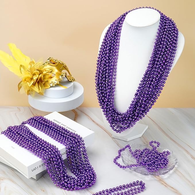 SHAOQINLIN 24 PCS Purple Mardi Gras Beads, Purple Beads Necklaces 33" Metallic Beaded Costume Necklaces Party Necklaces for Halloween Mardi Gras Parade Throws Wedding Birthday Party Favors