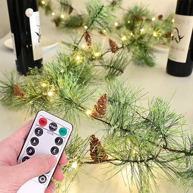 Remote Christmas Smokey Pine Garland with Lights 6.56FT Garlands with Timer 30 LED Fairy Lights Battery Operated Garland Lights with Pinecones Christmas Pre-lit Light for Home