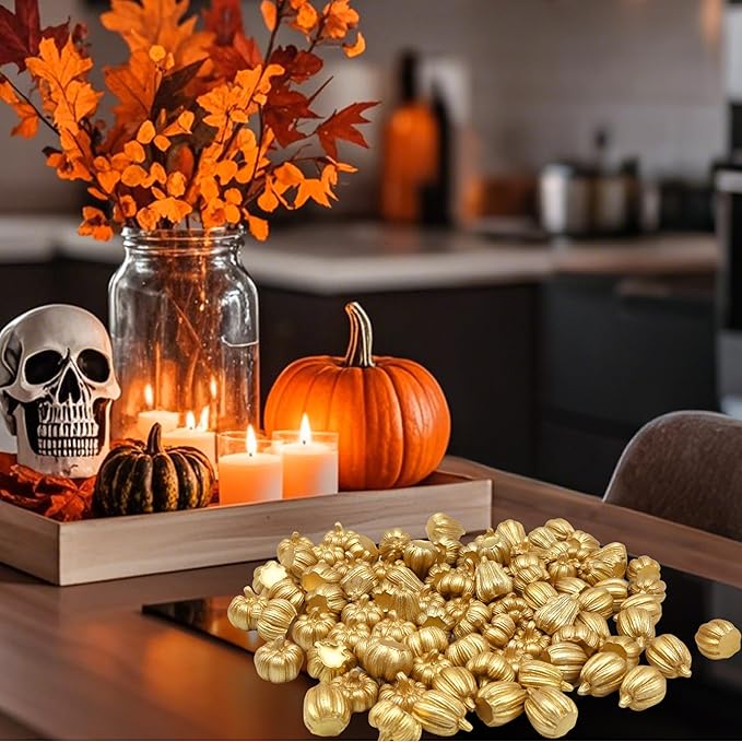 100Pcs Mini Pumpkins for Crafts, Small Pumpkin in Bulk, Gold Decorative Pumpkins, Artificial Tiny Resin Miniature Pumpkin for Decorating, Home Decor, Fall, Thanksgiving, Halloween