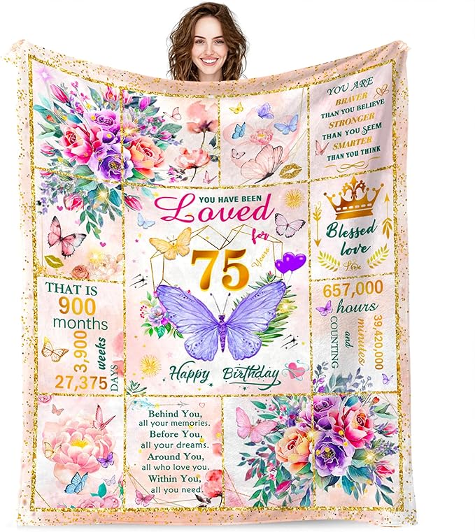 75th Birthday Gifts for Women Blanket, Fun Purple Butterfly Flower Throw Blanket Unique Gifts for 75 Year Old Woman, 75th Birthday Decorations for Women, Super Soft Warm Plush Flannel Blankets 80"X60"