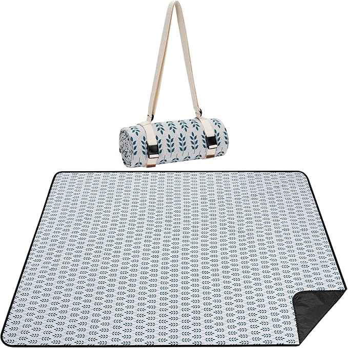 Picnic Blankets Washable | Beach Mat Sand Free Waterproof | Camping Blankets | Emergency Blankets | Picnic Baskets Accessories with Waterproof Backing and Shoulder Strap - Blue