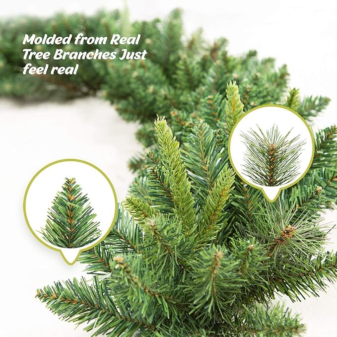 KING BIRD Pre-lit Christmas Garland, 9 FT by 12 Inch, Classic Green Christmas Garland with 50 Warm Lights 300 Branch Tips for Christmas
