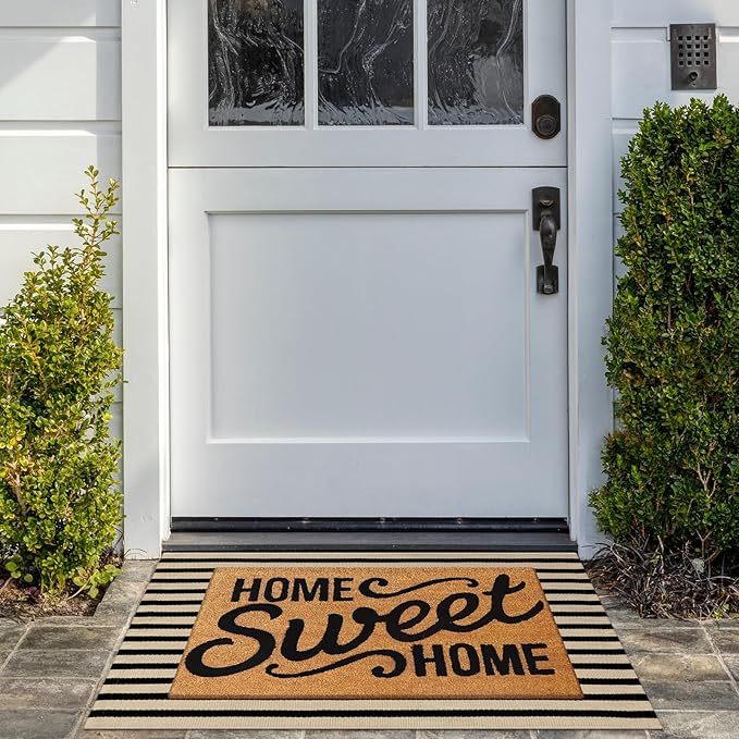 KIMODE Fall Front Door Mats 24"x35", Washable Halloween Porch Decor, Farmhouse Striped Layered Doormat Outdoor, Black and Khaki Cotton Woven Autumn Rugs for Entryway Kitchen Thanksgiving