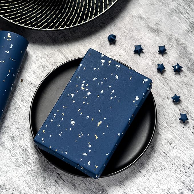 WRAPAHOLIC 30 Inch Jumbo Navy Blue Wrapping Paper Roll - 30 Inch x 16.5 Feet - Navy Blue Gold Design with Silky Touch Perfect for Birthday, Holiday, Wedding, Baby Shower