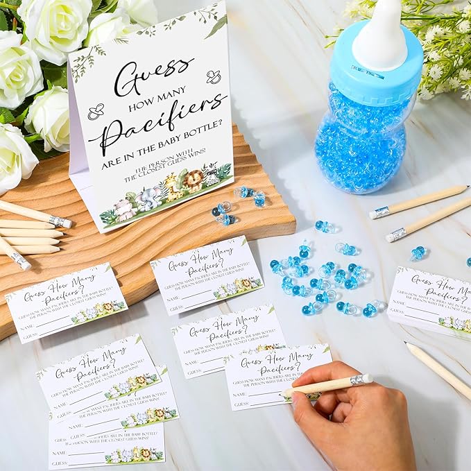 Roowest 512 Pcs Baby Shower Games Guess How Many Pacifiers Sign 100 Small Guessing Games 10 HB Pencils 750ml Milk Bottle 400 Acrylic Pacifiers Decoration for Guest Gender Reveal(Blue,Animal)