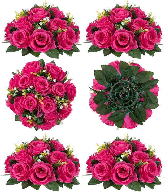 BLOSMON Pink Roses Artificial Flowers: 6 Pcs Hot Pink Fake Flower Balls for Wedding Dinning Table Centerpieces - Fake Silk Kissing Bouquet Floral Arrangement for Home Party Event Decor