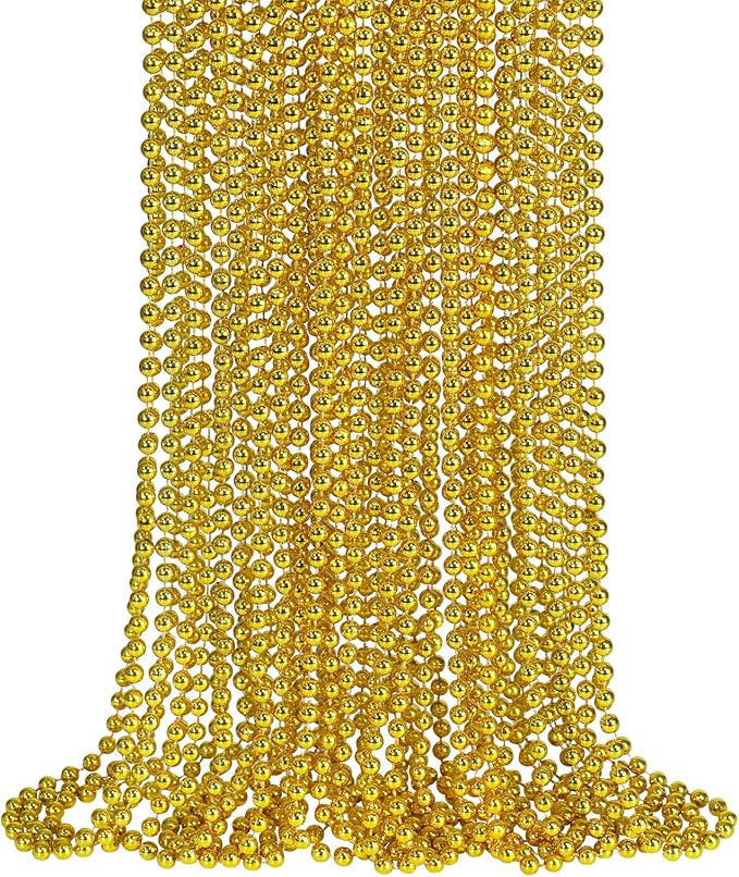 SHAOQINLIN 24 PCS Gold Mardi Gras Beads, Christmas Necklaces, Gold Bead Necklace, 33'' Metallic Party Beads Necklaces Bulk for Mardi Gras, Christmas, New Year's Day, Carnival Party Favors