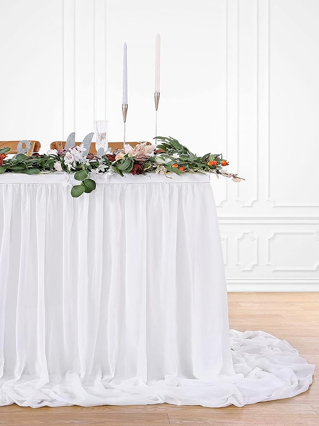 White Table Skirt for Rectangle Tables Chiffon Table Skirt 9FT Sheer Tablecloth for Birthday Party Sweetheart Cake Table Decoration Wedding Table Skirt