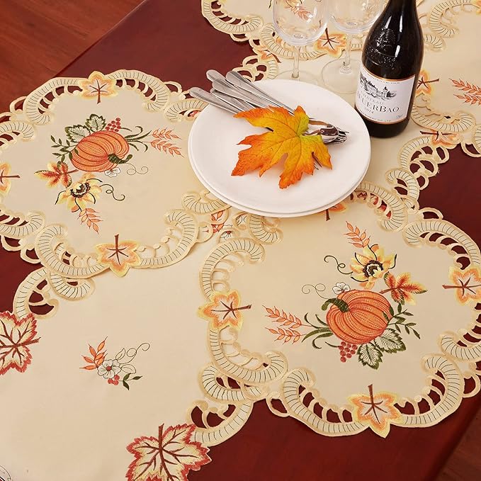 Simhomsen Thanksgiving Harvest Pumpkins Round Doily Placemats for Autumn Or Fall Decorations, Embroidery (15 Inch Round Doily Set of 4)