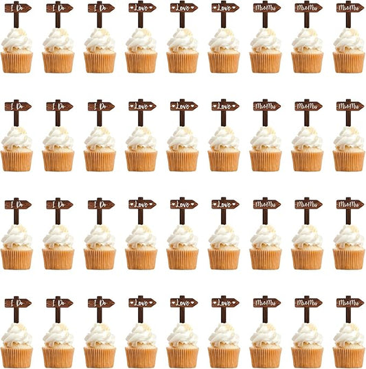 36 PCS Rustic Wedding Cupcake Toppers in Wood Wedding Engagement Cake Decorations
