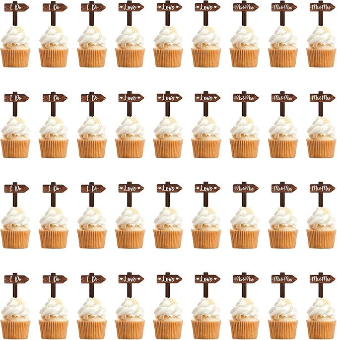 36 PCS Wedding Cupcake Toppers in Wood Rustic Wedding Cake Decoration