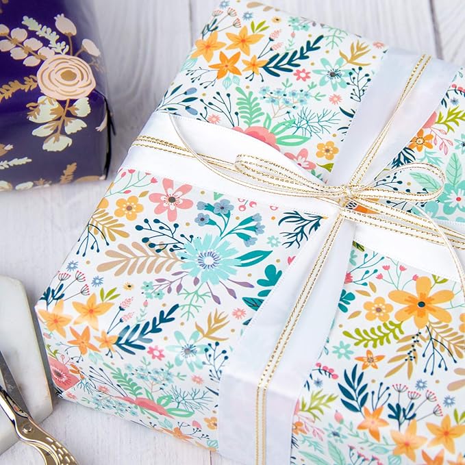 WRAPAHOLIC Floral Wrapping Paper Roll - Mini Roll - 17 Inch x 33 Feet - Spring Summer Garden Flower Design Perfect for Wedding, Bridal Shower, Birthday, Baby Shower