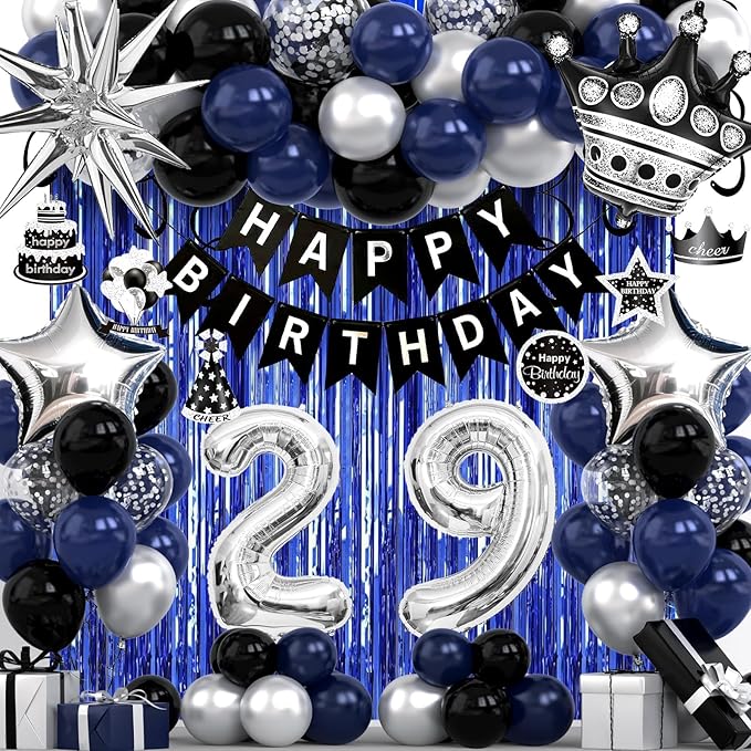 29th Birthday Decorations for Men and Women, Black Blue Silver Happy Birthday Number 29 Balloons, Banner, Fringe Curtains Garland Kit - 29 Year Old Party Supplies