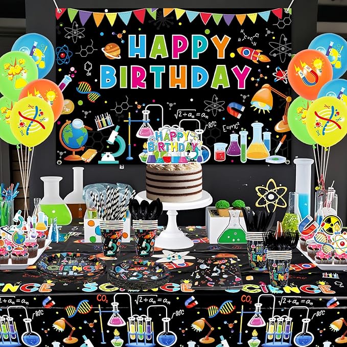 Science Party Supplies, Includes Happy Birthday Backdrop, Plates, Tablecloth, Cups, Balloon and Straws, for Boy Girl Scientist Lab Decoration Serves 20 Guests
