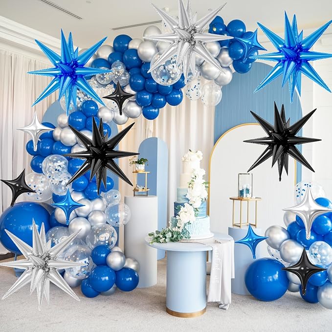 18 Pcs Black Blue Star Balloons, Silver Blue Black Balloon with 6 Pcs 22-Inch Explosion Star Balloons 12Pcs 10-Inch Four Pointed Stars Foil Balloon for Boys Baby Shower Birthday Party Decoration