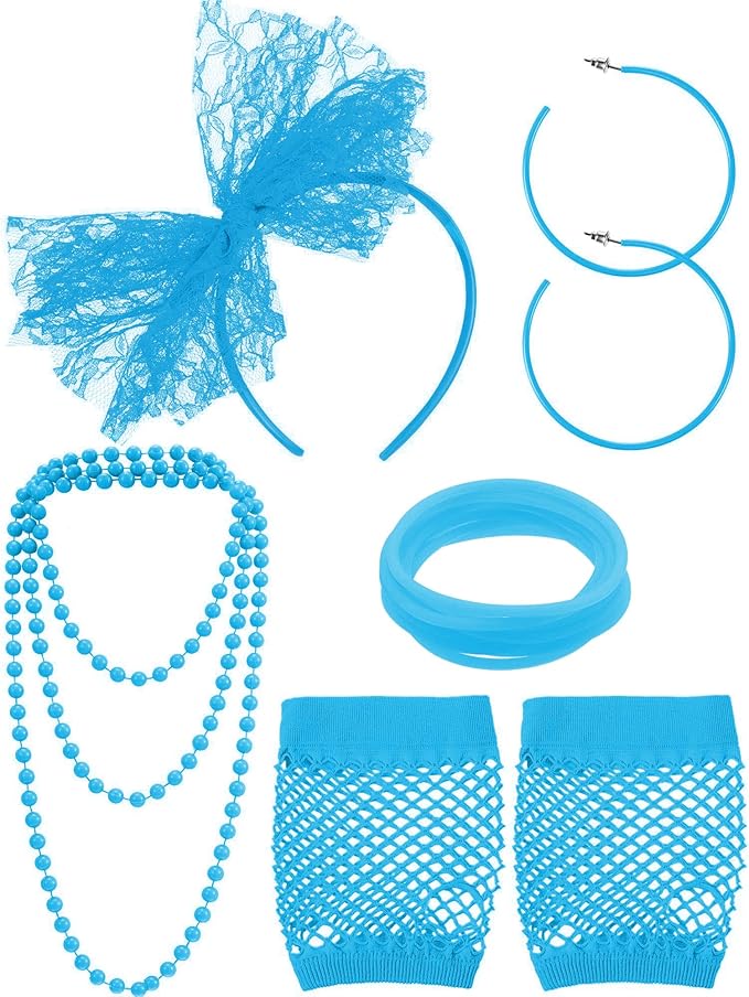 Blulu 80s Costume Accessories for Women Lace Headband Earrings Fishnet Gloves Necklace Bracelet for 80s Retro Party