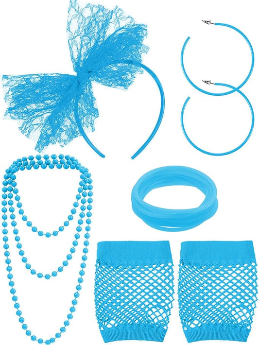 Blulu 80s Costume Accessories for Women Lace Headband Earrings Fishnet Gloves Necklace Bracelet for 80s Retro Party