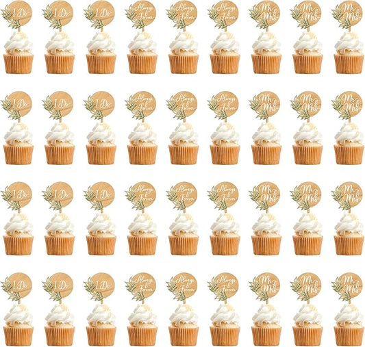 36 PCS Wedding Cupcake Toppers Green Mr & Mrs Wedding Cake Cupcake Decorations in Wood
