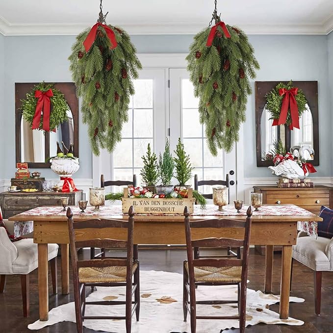RECUTMS 2 Pack Artificial Pine Branches with Cones Green Plants Pine Needles Artificial Hanging Plants Outdoors DIY Accessories for Outdoors for Wreath Christmas and Home Garden Decoration(Green)