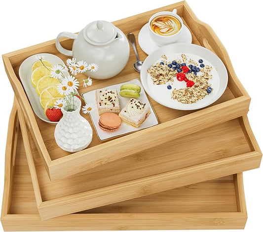 3 Pack Serving Tray with Handles, 3 Sizes Nestable Rectangular Tray Easy Carrying Serving Trays, Durable Bamboo Trays for Serving Food, Party, Kitchen, Organizing, Decorating