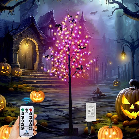 Halloween Lighted Tree with 260 LED Lights, 6FT Black Halloween Tree with Timer, 8 Modes, Dimmable, Spider Web & Bats DIY, Indoor Outdoor Halloween Decorations