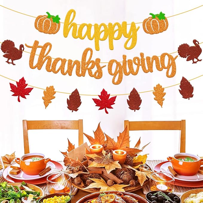 Happy Thanks Giving Banner Fall Leaves Garland Thanksgiving Day Autumn Turkey Theme for Happy Thanksgiving Party Glitter Gold Decoration
