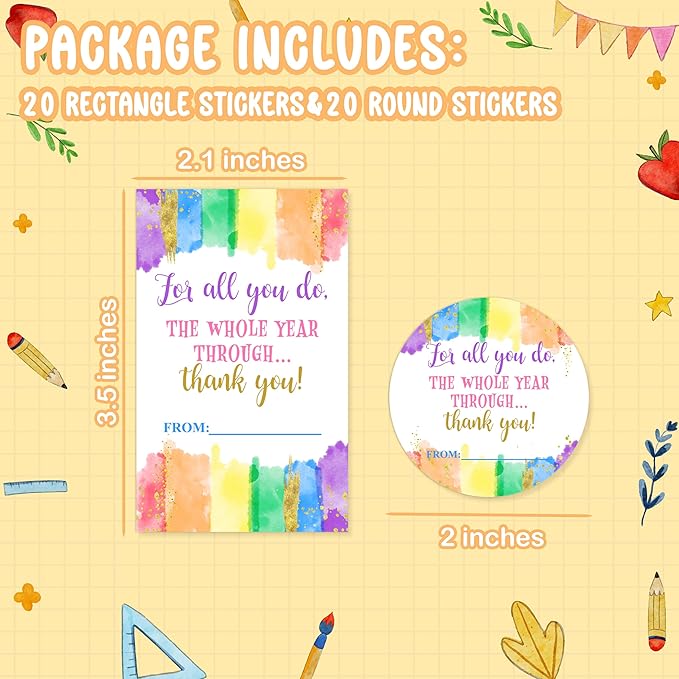 Teacher Appreciation Gift Tags, 40 Pcs Thank You Tags, Colorful Rainbow Stickers for Presents Wrapping Envelope Seals Lables Boxes Cards Party Favor Decorations A01