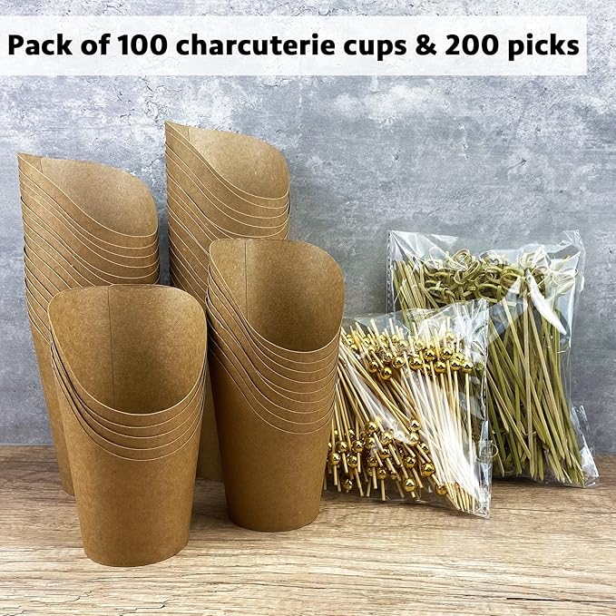 [100 Cups + 200 Picks] CAMKYDE 100 Pcs Charcuterie Cups with 200 Pcs Cocktail Picks (14oz, Brown)