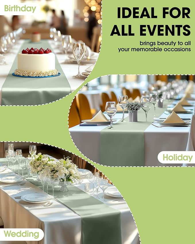 Pureegg Sage Green Plastic Table Runners - 12 Pack, 14'' x 108'', Water Resistant & Disposable Centerpiece Decorations for Table Cloth, Wedding, Birthday, Holiday, Baby Shower, Party, Home Decor