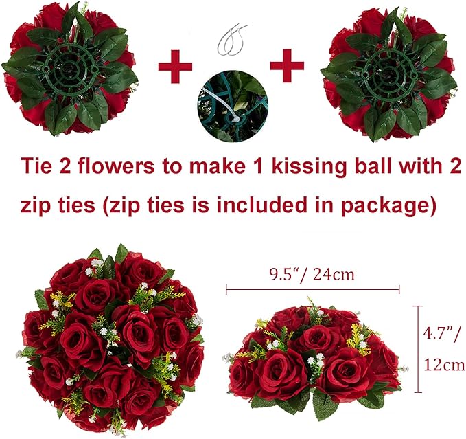 BLOSMON Wedding Flowers Centerpieces for Tables: 10 Pcs Burgundy & Dusty Rose & Creamy White Fake Roses Kissing Balls Decoration - Artificial Silk Floral Arrangements for Home Party DIY Decor