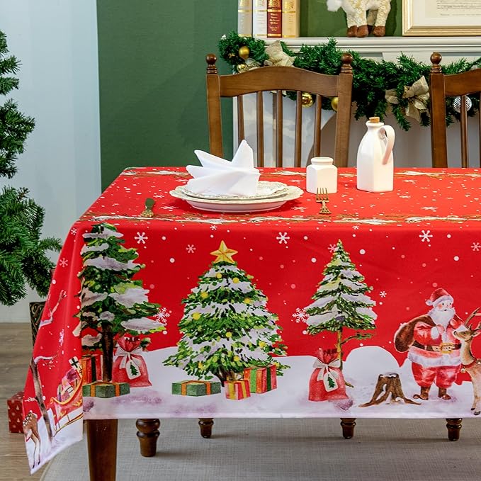 Christmas Waterproof Tablecloth – Red Holiday Table Cover with Santa Claus, Reindeer, Tree & Snowflake Design – Festive Dining Decor for Christmas Party and Home, W60 x L144 in